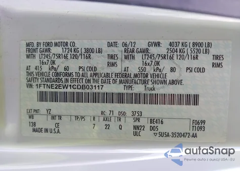 2012 Ford E-250 Commercial from USA, damaged, VIN 1FTNE2EW1CDB03117